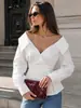 Nuevo Estilo Otoño/Invierno 2026 Transfronterizo Europeo y Americano Hombros Descubiertos Solapa Grande Manga Larga Camisa Cintura Ceñida Ajustado Diseño con Sentido Top Elegante