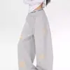 Pantalones casuales de felpa versátiles estilo americano con bordado de estrella y cintura elástica, diseño unisex, pantalones deportivos de pierna ancha, holgados y adelgazantes