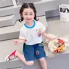 Ropa Infantil 2025 Camiseta de Verano Kidsren Camiseta de Palomitas Etiqueta Traje de Jeans Traje de Manga Corta de Verano para Niñas