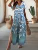 2024 Amazon Europeo y Americano Verano Exportación Nueva Moda Elegante Estampado Cuello en V Abertura Manga Corta Vestido Largo