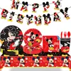 Mickey Mickey Mouse Tema Negro y Rojo Fiesta de Cumpleaños Vajilla Mantel Plato de Papel Servilleta Globo Pancarta Decoración de Escenario