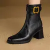 Botines Cortos de Punta Cuadrada con Tacón Grueso Estilo Francés para Mujer, Nuevo Estilo Otoño e Invierno 2026, Botines Versátiles con Hebilla de Cinturón Forrados de Lana, Botas Martin de Tacón Alto
