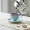 Juego de Taza de Café y Platillo de Cerámica con Gradiente Glaseado con Esmalte de Cristal que Cambia en Horno, Taza de Estilo Fresco, Taza para Té de Flores, Taza Personal con Posavasos