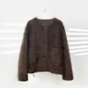 Stock Directo de Fábrica Abrigo de Felpa con Pelo Largo Mezcla de Lana para Mujer Cuello Redondo Corto Otoño Invierno Top de Cachemir y Lana