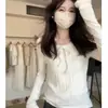 Camiseta de Rayas de Lana al por Mayor Transfronteriza Otoño e Invierno 230g Diseño de Nicho con Encaje y Cordones Cuello Redondo Manga Larga para Mujer