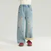 Pantalones Vaqueros Infantiles Pudding Haru 2025 Invierno Forro Polar Bordado de Perro de Dibujos Animados Jeans para Niñas Versátiles Adelgazantes