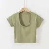 Camiseta de Verano Transfronteriza Aliexpress Color Sólido Ajustada Sexy para Mujer Manga Corta Cuello en U Estilo Coreano Básico Top Corto Ebay