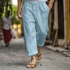 Pantalones de playa casuales de verano para hombre 2025 transfronterizos de Amazon, cintura elástica con cordón, multibolsillos, de algodón y lino