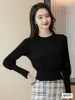Suéter Básico Feminino 2025 Outono Gola Redonda Manga Curta Elegante com Manga Bufante Moda Tricô para Mulheres