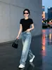 Jeans de Pierna Recta Línea A con Bigotes de Gato 3D Verano Nuevo Degradado Pierna Ancha Caída Acumulados Adelgazantes Unisex Pantalones Casuales
