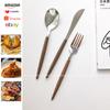 Juego de Cubiertos de Acero Inoxidable Portugués con Mango Imitación Madera 304 Transfronterizo, Juego de Cuatro Piezas 24 Piezas Cuchara de Postre Tenedor Cuchillo para Filete