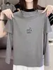 Camiseta de manga larga para mujer de algodón puro, estilo dos piezas falsas, con patchwork a rayas, top casual de moda nicho, estilo elegante, base gris
