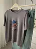 Camiseta de Manga Curta com Estampa de Cachorro Cartoon, Espessa, Escovada, Macia, para Mulheres, Estilo Coreano, Solta, Casual, Versátil, Camada Interna