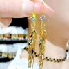 Pendientes largos con borlas de trigo y estilo extranjero de Spike Ping An, con circonitas doradas de lujo.