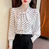 Camisa de fita feminina primavera 2022, nova blusa de bolinhas, estilo coreano, camisa de chiffon com laço, camisa de chiffon de manga comprida