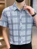 Camisa Nueva de Manga Corta de Verano Moda Masculina Casual Seda de Hielo Delgada Ajustada Moderna Versátil Camisa Cuadros Camisa de Pulgada