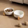 Cuenco de Cerámica Blanca Esmaltada Simple con Forma de Pata de Gato con Base de Bambú, Cuenco Antiderrames para Mascotas, Cuenco para Gatos, Cuenco para Perros, Bebedero para Gatos