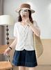 Camisa Feminina de Renda Francesa com Decote em V e Manga Curta Verão 2025 Redutora de Idade Elegante Manga Curta Bufante Bordada Camisa Top