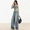 Jeans Vintage Azules Nostálgicos de Pierna Ancha para Mujer 2025 Nuevos de Cintura Alta Adelgazantes Versátiles Holgados Caídos Rectos de Pierna Larga