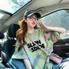 Camiseta Solta Tie-Dye Retrô Americana de Algodão Puro para Mulheres, Tamanho Grande Estilo Europeu Letra Comprimento Médio Moderna Emagrecedora