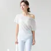 Saia de Malha Transparente para Fitness de Um Ombro com Cordão Lateral Manga Curta Solta Roupa Externa Top para Yoga Pilates Treinamento