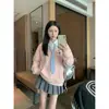 Sudadera con cuello de polo y corbata falsa de dos piezas estilo academia para mujer, primavera y otoño, diseño holgado y perezoso de nicho, top de bloques de color