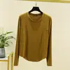 Camisa Feminina Base Fina Modal Primavera e Verão Cor Sólida Gola Redonda Manga Longa Costura Irregular Tamanho Grande Top Solto