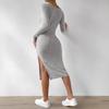 Comercio Exterior Otoño e Invierno para Mujer Vestido Tejido de Manga Larga con Cuello Cuadrado Estilo Nuevo Europeo y Americano Abertura en el Dobladillo Vestido Ajustado