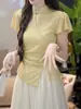 Wzxsk Novo Design Slim-Fit Estilo Chinês Que Esconde o Formato do Corpo, Blusa Nova de Manga Curta com Gola Alta Estilo Chinês para o Verão 2026, Efeito Emagrecedor
