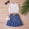 Roupa Infantil de Verão Transfronteiriça Conjunto de 2 peças Regata Cavada Pulôver Cor Sólida para Meninas Jeans Saia Plissada com Cinto