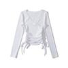 68060-24 Verano Nuevo Estilo Europeo y Americano Sexy Pura Pasión Sexy Cuello en V Hilo Cordón Manga Larga Top Camiseta