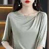 Camiseta de Satén de Triacetato Plisada de Nuevo Estilo Primavera y Verano para Mujer, Diseño Holgado Delgado de Manga Corta, Top de Nicho, Camisa de Aire Acondicionado