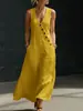 Primavera/Verano 2026 TikTok Transfronterizo Europeo y Americano Cuello en V Abotonado Algodón Lino Vestido Largo Sin Mangas Estilo Vacacional