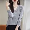 Moda V-neck liso color sólido lana peinada manga larga adelgazante para commuting primavera y verano delgado mujer hebilla cárdigan tejido