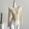 Suéter de cuello en V con costuras de encaje para mujer, estilo dulce y puro de otoño, camisa de base interior de manga larga, top corto ajustado
