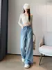 Jeans de mujer estilo americano con estampado de bambú, nuevos para otoño 2026, corte recto holgado, adelgazantes, pantalones de pierna ancha versátiles para figuras petite
