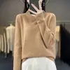 Outono e inverno 100% lã sem costura peça única feminina suéter com bordas enroladas, gola alta sobreposta, caimento solto, espessado, camisa básica versátil para mulheres
