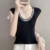Camisola de Punto para Mujer Delgada Traje de Verano 2025 con Pedrería Base Cuello U Suelta Adelgazante Sin Mangas Top
