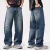 Jeans de pierna ancha holgados lavados para hombre, de marca retro americana de moda, estilo callejero, rectos, rotos, con salpicaduras de pintura, corte curvo