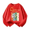 Camiseta de Algodão Manga Longa Meninos Nova Primavera e Outono Versátil Tendência Nacional Top Mais Solto Camiseta Básica Manga Longa Infantil