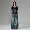 Jeans de Pierna Ancha Lavados con Textura Retro Estilo Hong Kong Naranja Joven para Mujer Sueltos Adelgazantes Perezosos Versátiles Pantalones Plátano