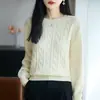 Suéter de punto trenzado tridimensional 100% algodón para mujer, nueva prenda interior cálida de otoño e invierno, suéter holgado de punto trenzado con cuello redondo