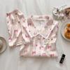 Pijama de seda gelada com laço de urso feminino de verão novo manga curta gola de renda doce roupa de casa foto real atacado