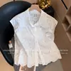 Camisa Crochê Francesa Vazada de Manga Curta Feminina Verão Novo Estilo Elegante Top Rejuvenescedor