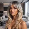 Peruca feminina estilo europeu e americano transfronteiriça com franja, efeito ombré, cabelo de comprimento médio, alta definição e touca de rede elástica
