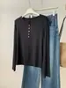 Elegante camiseta de manga larga de Tencel y lana con botones de concha para mujer, estilo coreano, casual, adelgazante, versátil, camiseta básica de cuello redondo para otoño e invierno
