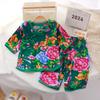 Ropa de Casa de Verano para Niños Pijamas de Niña Traje de Tela Floral del Noreste para Bebé Ropa de Siete Mangas para Aire Acondicionado para Niña