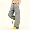 Cinto Xadrez Vintage Jeans com Bordado de Desenho de Cimitarra para Homens e Mulheres, Calças de Outono Americanas de Nicho Largas de Perna Larga Comprimento Total