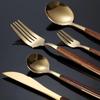 Juego de Cubiertos Estilo Japonés de Acero Inoxidable 430 con Mangos tipo Madera, Cuchillo de Cena con Veta de Madera, Tenedor de Cena, Cucharita de Café, Pulido Espejo