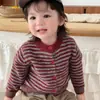 Cárdigan de Punto a Rayas Otoñal para Bebé Estilo Coreano Niños Retro Borgoña Suéter de Cuello Redondo Ropa de Abrigo Primavera/Otoño para Niños y Niñas